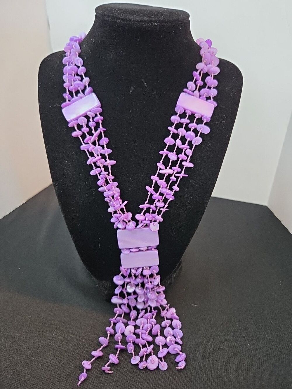 Jay King Purple Dyed Mother Of Pearl Hand Knotted Necklace Vintage 20" + 5" Drop